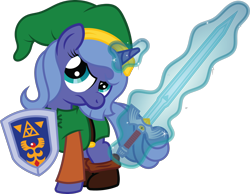 Size: 2000x1551 | Tagged: safe, artist:t-3000, princess luna, clothes, cosplay, costume, filly, link, magic, shield, solo, sword, the legend of zelda, woona