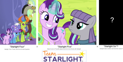 Size: 1756x884 | Tagged: safe, artist:arima, derpibooru import, edit, edited screencap, screencap, discord, maud pie, starlight glimmer, thorax, trixie, changedling, changeling, pony, unicorn, celestial advice, rock solid friendship, discussion, hypothesis, king thorax, reformed four