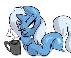 Size: 1280x1051 | Tagged: safe, artist:fauxsquared, derpibooru import, trixie, pony, unicorn, bags under eyes, bedroom eyes, coffee mug, leaning, lidded eyes, looking at you, mug, no pupils, simple background, solo, steam, tired, white background