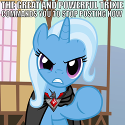 Size: 720x720 | Tagged: safe, derpibooru import, trixie, magic duel, alicorn amulet, angry, caption, image macro, meme, reaction image, trixie yells at everything