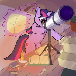 Size: 900x900 | Tagged: safe, artist:iyatsu, derpibooru import, twilight sparkle, solo, stargazing, telescope