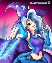 Size: 1100x1332 | Tagged: safe, artist:anibaruthecat, derpibooru import, trixie, armpits, belly button, clothes, hat, horn wand, humanized, magic, solo, trixie's cape, trixie's hat, vest, waistcoat, wand