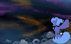 Size: 3200x2000 | Tagged: safe, artist:valcron, princess luna, alicorn, pony, cloud, cutie mark, eyes closed, female, hooves, horn, jewelry, mare, night, on a cloud, regalia, s1 luna, sitting, solo, spread wings, tiara, wings