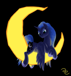 Size: 1375x1471 | Tagged: safe, artist:da-exile, princess luna, alicorn, pony, alternate hairstyle, crossed legs, moon, newbie artist training grounds, prone, solo, tangible heavenly object