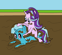 Size: 1000x882 | Tagged: safe, artist:amateur-draw, derpibooru import, starlight glimmer, trixie, pony, unicorn, female, mare, ms paint, mud, mud wrestling, muddy