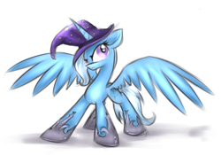 Size: 1200x840 | Tagged: safe, artist:kairaanix, derpibooru import, trixie, alicorn, pony, :<, alicornified, race swap, raised eyebrow, serious, simple background, solo, spread wings, trixiecorn