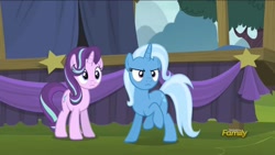 Size: 1280x720 | Tagged: safe, derpibooru import, screencap, starlight glimmer, trixie, pony, no second prances, discovery family logo