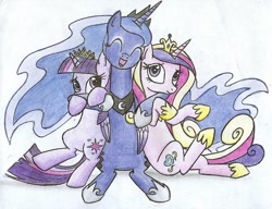 Size: 1024x786 | Tagged: safe, artist:islamilenaria, princess cadance, princess luna, twilight sparkle, twilight sparkle (alicorn), alicorn, pony, female, happy, hug, mare, new crown, traditional art