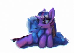 Size: 592x424 | Tagged: safe, artist:mrwolf, derpibooru import, trixie, twilight sparkle, female, lesbian, shipping, sleeping, twixie