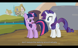 Size: 1024x640 | Tagged: safe, derpibooru import, screencap, rarity, twilight sparkle, pony, unicorn, it's about time, youtube caption