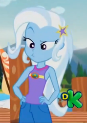 Size: 432x608 | Tagged: safe, derpibooru import, screencap, trixie, equestria girls, legend of everfree, camp everfree outfits, clothes, cropped, discovery kids, hand on hip, mountain, pier, pouting, shorts, solo, tree