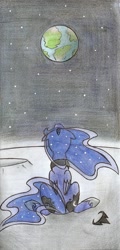 Size: 752x1572 | Tagged: safe, artist:islamilenaria, princess luna, alicorn, pony, both cutie marks, moon, on the moon, planet, rear view, sitting, solo, traditional art