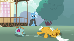 Size: 1280x720 | Tagged: safe, derpibooru import, screencap, snails, snips, trixie, pony, unicorn, magic duel, age progression, age regression, age spell, alicorn amulet, baby, baby pony, beard, colt, crying, elderly, facial hair, glasses, male, older, younger