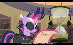 Size: 1024x640 | Tagged: safe, derpibooru import, screencap, twilight sparkle, it's about time, bandage, catsuit, future twilight, hourglass, youtube caption