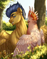 Size: 1200x1500 | Tagged: dead source, safe, artist:rossignolet, flash sentry, bird, parrot, pegasus, pony, cockatoo, ear piercing, flash hunktry, male, pet, piercing, smiling, stallion, tree