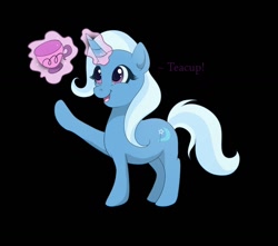 Size: 1280x1131 | Tagged: safe, artist:tayarinne, derpibooru import, trixie, pony, unicorn, black background, cup, happy, simple background, smiling, solo, teacup, that pony sure does love teacups