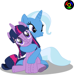 Size: 2276x2321 | Tagged: safe, artist:kyoshyu, derpibooru import, trixie, twilight sparkle, doll, female, lesbian, pouting, shipping, simple background, transparent background, twidoll, twixie, vector