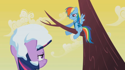 Size: 1272x716 | Tagged: safe, derpibooru import, screencap, rainbow dash, twilight sparkle, pegasus, pony, winter wrap up, out of context, snow, tree, winter wrap up song