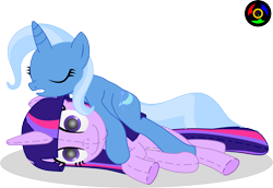 Size: 6081x4190 | Tagged: safe, artist:kyoshyu, derpibooru import, trixie, twilight sparkle, absurd resolution, doll, female, lesbian, shipping, simple background, sleeping, transparent background, twidoll, twixie, vector