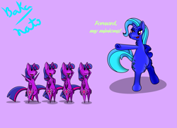 Size: 3507x2550 | Tagged: safe, artist:bakanato, derpibooru import, trixie, twilight sparkle, twilight sparkle (alicorn), alicorn, pony, unicorn, bipedal, context is for the weak, purple background, simple background