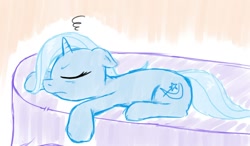 Size: 1200x700 | Tagged: safe, artist:theparagon, derpibooru import, trixie, pony, unicorn, blue coat, female, horn, mare, sleeping, solo, two toned mane