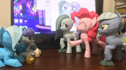 Size: 2016x1131 | Tagged: safe, artist:robi, derpibooru import, limestone pie, marble pie, maud pie, pinkie pie, trixie, pony, unicorn, craft, female, food, irl, mare, muffin, papercraft, photo