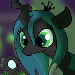 Size: 1650x1650 | Tagged: safe, artist:tjpones, derpibooru import, queen chrysalis, changeling, changeling larva, changeling queen, baby, blurry background, changeling egg, changeling hive, cute, cutealis, cuteling, duo, egg, fangs, female, green eyes, grub, hatchling, horn, male, milf, mommy chrissy, mother, mother and child, mother and son, open mouth, parent and child, smiling