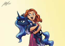 Size: 1280x905 | Tagged: dead source, safe, artist:lovelyneckbeard, princess luna, human, pony, cute, frown, holding a pony, hug, luna is not amused, lunabetes, open mouth, smiling, tabitha st. germain, unamused, varying degrees of amusement, varying degrees of want, voice actor joke
