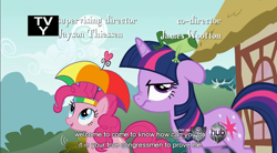 Size: 852x470 | Tagged: safe, derpibooru import, screencap, pinkie pie, twilight sparkle, earth pony, pony, feeling pinkie keen, youtube caption