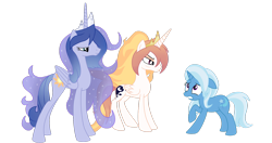 Size: 1600x842 | Tagged: safe, artist:luckyclau, derpibooru import, princess celestia, princess luna, trixie, alicorn, pony, unicorn, a royal problem, alternate universe, female, mare, simple background, transparent background, vector