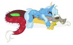 Size: 488x303 | Tagged: safe, artist:tricks-up-my-sleeve, derpibooru import, discord, trixie, pony, unicorn, chest fluff, ear fluff, eyes closed, female, floppy ears, male, mare, prone, shipping, simple background, sleeping, stallion, straight, transparent background, trixcord, unshorn fetlocks