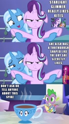 Size: 1500x2652 | Tagged: safe, derpibooru import, edit, edited screencap, screencap, spike, starlight glimmer, trixie, dragon, pony, unicorn, a royal problem, all bottled up, rock solid friendship, comic, cup, female, floppy ears, hundreds of users filter this tag, i have no mouth and i must scream, inanimate tf, irony, kite, male, meme, rhyme, screencap comic, shipping, sparlight, spikebrush, straight, teacup, teacupified, that pony sure does love teacups, the amazing trio of friendship, toothbrush, transformation, trixie teacup