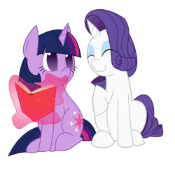 Size: 1400x1400 | Tagged: safe, artist:thedeseasedcow, derpibooru import, rarity, twilight sparkle, pony, unicorn, book, magic, simple background, transparent background