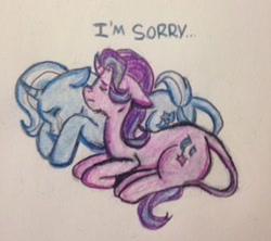 Size: 259x230 | Tagged: safe, artist:starlightstarbrxght, derpibooru import, starlight glimmer, trixie, pony, unicorn, crying, curved horn, leonine tail, sad, traditional art