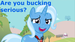 Size: 1280x720 | Tagged: safe, derpibooru import, trixie, pony, unicorn, alicorn amulet, blue coat, female, horn, mare, reaction image, solo, two toned mane