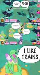 Size: 960x1803 | Tagged: safe, derpibooru import, edit, discord, queen chrysalis, starlight glimmer, thorax, trixie, changedling, changeling, changeling queen, draconequus, pony, to where and back again, asdfmovie, comic, faic, female, gameloft, gameloft shenanigans, i like trains, male, meme, reformed four, spanish
