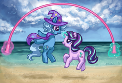 Size: 1326x900 | Tagged: safe, artist:mcponyponypony, derpibooru import, starlight glimmer, trixie, pony, unicorn, beach, cape, clothes, colored hooves, cute, diatrixes, duo, glimmerbetes, hat, jump rope, jumping, looking at each other, magic, smiling, telekinesis, trixie's cape, trixie's hat