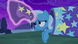 Size: 1280x720 | Tagged: safe, derpibooru import, screencap, trixie, pony, no second prances, cannon, helmet, levitation, magic, sad, solo, telekinesis