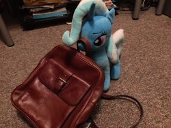 Size: 1024x768 | Tagged: safe, artist:ramivic, derpibooru import, trixie, pony, unicorn, to saddlebags and back again, to where and back again, bag, defictionalization, female, irl, mare, photo, plushie, scene interpretation