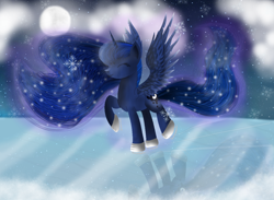 Size: 1500x1100 | Tagged: safe, artist:chanceyb, princess luna, alicorn, pony, eyes closed, ice skating, moon, night, solo, spread wings