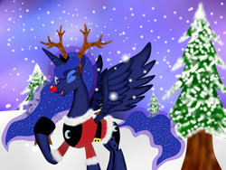 Size: 1280x960 | Tagged: safe, artist:ljw9310, princess luna, alicorn, pony, reindeer, christmas, clothes, costume, reindeer antlers, snow, snowfall, solo, wink