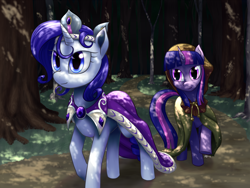 Size: 1280x960 | Tagged: safe, artist:7nights, derpibooru import, clover the clever, princess platinum, rarity, twilight sparkle, pony, unicorn, dappled sunlight, duo, duo female, female, forest, mare, walking