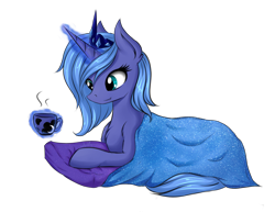 Size: 1869x1441 | Tagged: safe, artist:wolfypon, princess luna, alicorn, pony, blanket, chest fluff, cup, drink, magic, pillow, s1 luna, simple background, solo, transparent background