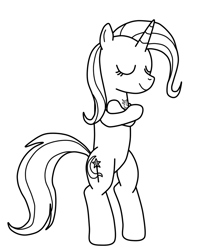 Size: 750x950 | Tagged: safe, artist:sutekh94, derpibooru import, trixie, pony, unicorn, bipedal, black and white, crossed hooves, eyes closed, grayscale, monochrome, simple background, sketch, smiling, solo, white background