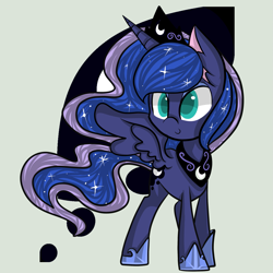 Size: 2449x2449 | Tagged: safe, artist:crystalthetimelady, princess luna, alicorn, pony, chibi, cutie mark background, female, mare, smiling, solo, spread wings