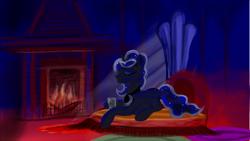 Size: 1920x1080 | Tagged: safe, artist:anttosik, princess luna, alicorn, pony, eyes closed, fireplace, hot chocolate, mug, newbie artist training grounds, prone, solo