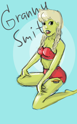 Size: 1440x2300 | Tagged: safe, artist:kittytitikitty, derpibooru import, granny smith, human, clothes, cutie mark on human, female, humanized, lingerie, milf, pinup, pony coloring, text, underwear, young granny smith, younger