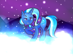 Size: 1280x981 | Tagged: safe, artist:lionsca, derpibooru import, trixie, pony, unicorn, grin, smiling, snow, solo