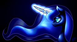 Size: 1600x886 | Tagged: safe, artist:glitteronin, princess luna, alicorn, pony, female, glowing horn, horn, mare, solo