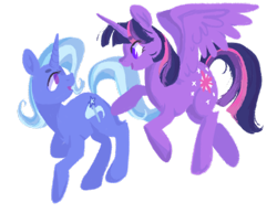 Size: 1280x989 | Tagged: safe, artist:lionsca, derpibooru import, trixie, twilight sparkle, twilight sparkle (alicorn), alicorn, pony, unicorn, cutie mark, female, hooves, horn, lesbian, lineless, mare, open mouth, shipping, simple background, spread wings, transparent background, twixie, wings